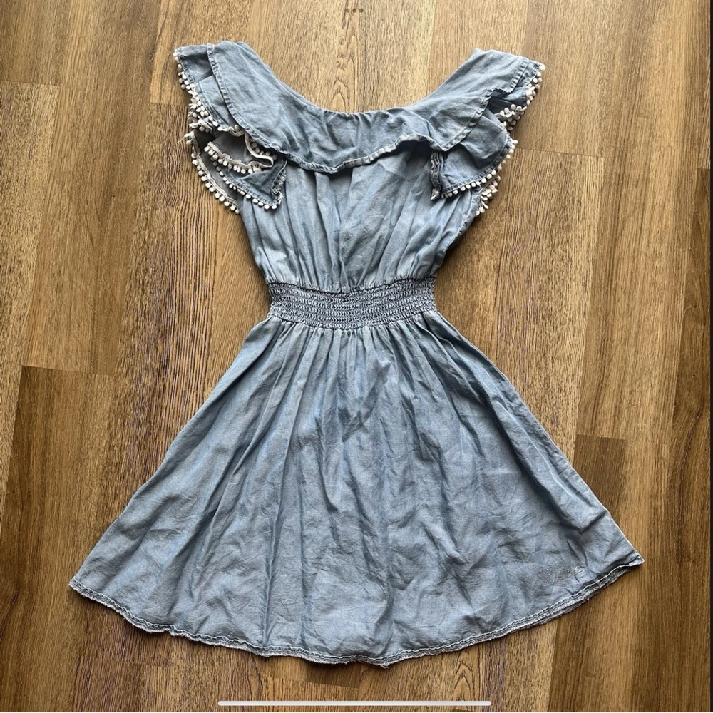 Guess Kids Girls Blue Off The Shoulder With Pom Ruffles Dress Size M (10-12)